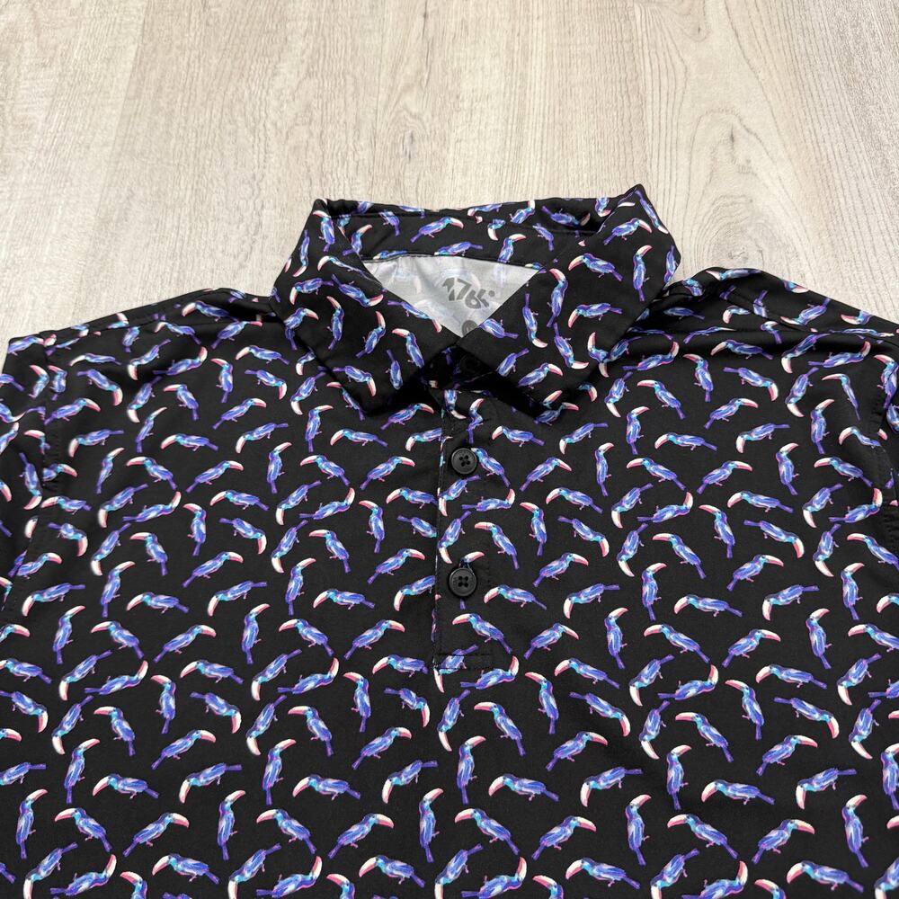 1764 Polo Shirt Large Toucan Bird All Over Print Stretch Performance Golfing